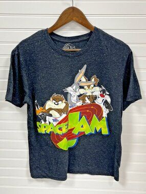 Space Jam Adult Black Multicolor Speckle Graphic Print Characters Knit Shirt L